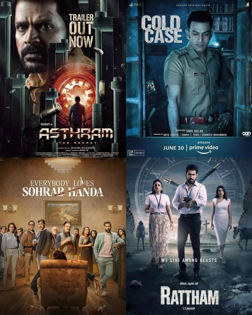 A collage of movie posters for underrated thriller films like Asthram, Cold Case, Raththam, and Everybody Loves Sohrab Handa.