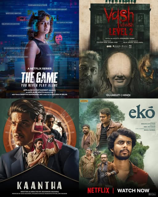 Collage of movie posters for best mystery thriller films like The Game, Vash Level 2, Kaantha, and Eko.