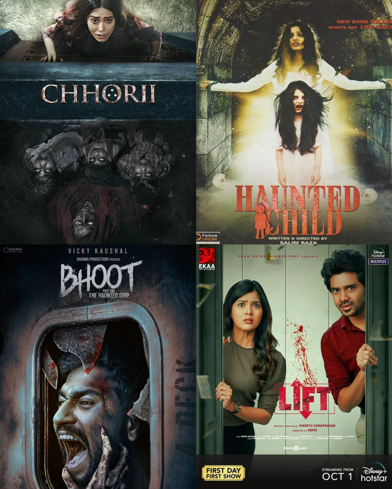 Collection of posters for underrated horror movies like Chhorii, Bhoot, Haunted Child, and Lift, suggesting a thrilling watch for horror fans.