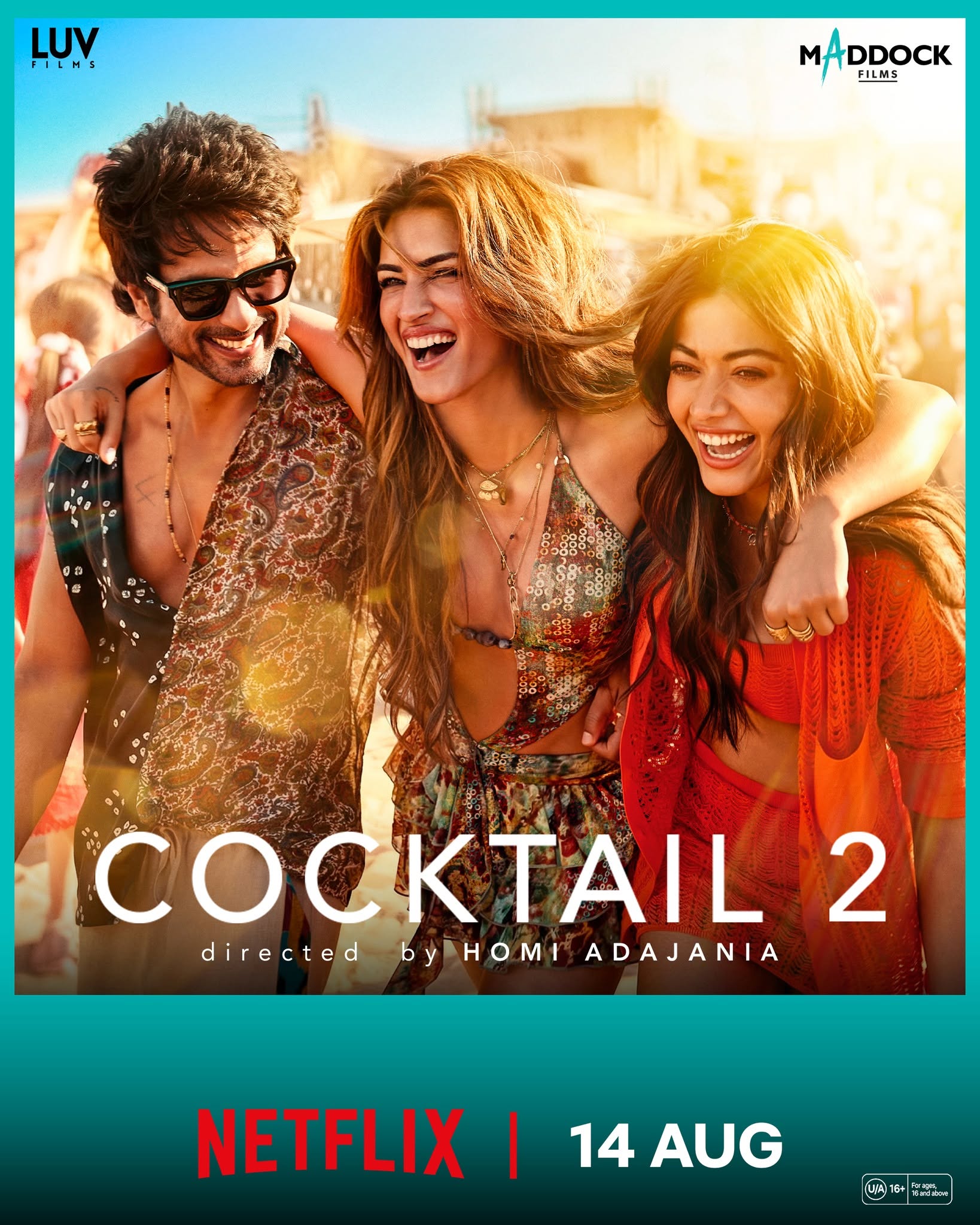 Poster for Cocktail 2 featuring lead actors Shahid Kapoor, Kriti Sanon, and Rashmika Mandanna.